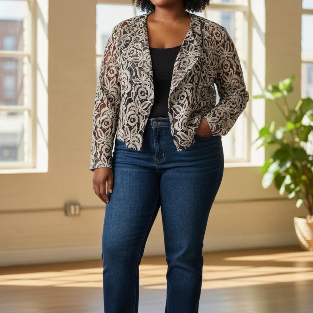 INC International Concepts Black and Cream Lace Open-Front Cardigan